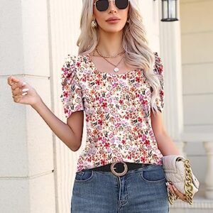 Ladies Romantic Tops Hawaiian Shirts for Women Square Neck Top Fitted Tops for Women Sexy Casual Trendy Short Sleeve Tops White Red Floral L