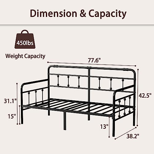 Ponsalion Daybed-Frame-Twin-Size-Metal-Day-Beds-with-Headboard - Heavy Duty Steel Slats,No Box Spring Needed,Sofa Bed for Living Room Guest Room(Black)