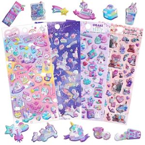 3d puffy unicorn stickers for girls kids | cute sparkle rainbow stars moons clouds candy stickers for phone cases, laptops, party favors | 4 sheets.