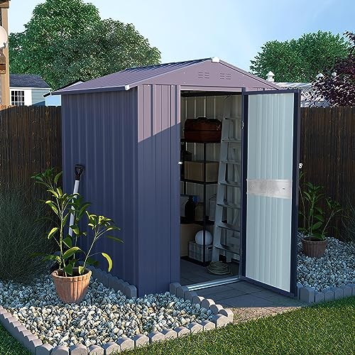 MUPATER 4 x 6 FT Outdoor Storage Shed, Galvanized Metal Garden Tool Shed, Patio Furniture Storage House with Slooping Roof, Lockable Door and Vents for Backyard and Patio, Grey