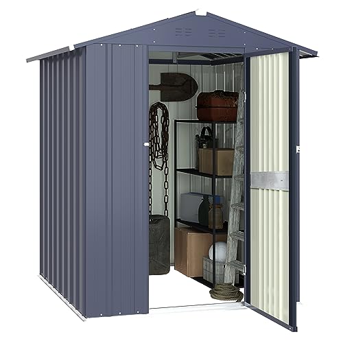 MUPATER 4 x 6 FT Outdoor Storage Shed, Galvanized Metal Garden Tool Shed, Patio Furniture Storage House with Slooping Roof, Lockable Door and Vents for Backyard and Patio, Grey