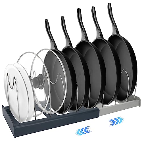 Expandable Pots and Pans Organizer for Cabinet, Pot Lit Organizer Holder with 10 Wire Dividers Adjustable Pan Rack Organizer for Kitchen Storage of Cookware, Plate, Cutting Board, Baking Sheet