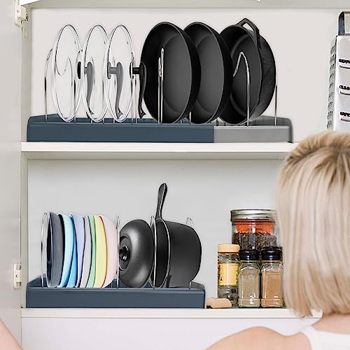 Expandable Pots and Pans Organizer for Cabinet, Pot Lit Organizer Holder with 10 Wire Dividers Adjustable Pan Rack Organizer for Kitchen Storage of Cookware, Plate, Cutting Board, Baking Sheet