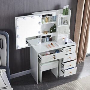 vanity table set with powewr outlet & mirror, white modern vanity desk with 10 led lights, makeup vanity with 5 drawers and cushioned stool, makeup dressing table dresser for girls bedroom