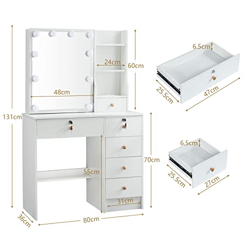 Vanity Table Set with Powewr Outlet & Mirror, White Modern Vanity Desk with 10 LED Lights, Makeup Vanity with 5 Drawers and Cushioned Stool, Makeup Dressing Table Dresser for Girls Bedroom