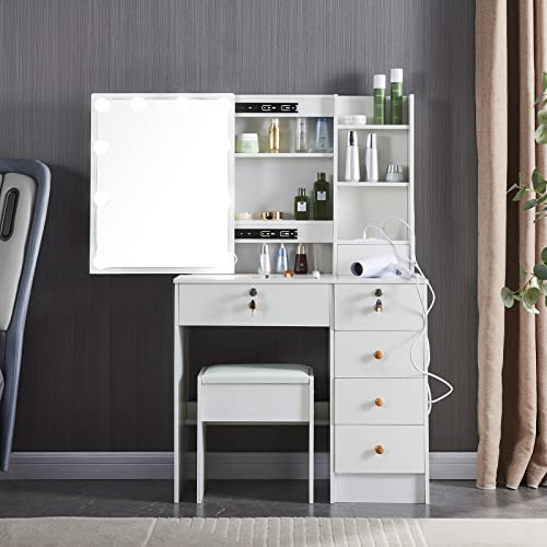 Vanity Table Set with Powewr Outlet & Mirror, White Modern Vanity Desk with 10 LED Lights, Makeup Vanity with 5 Drawers and Cushioned Stool, Makeup Dressing Table Dresser for Girls Bedroom
