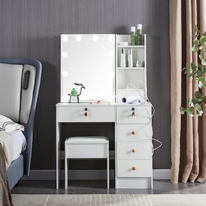 Vanity Table Set with Powewr Outlet & Mirror, White Modern Vanity Desk with 10 LED Lights, Makeup Vanity with 5 Drawers and Cushioned Stool, Makeup Dressing Table Dresser for Girls Bedroom