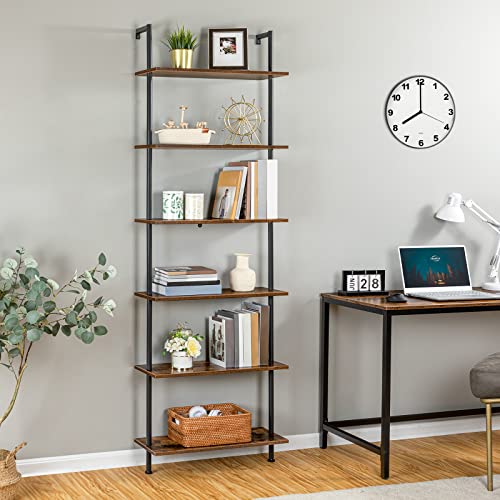 HOOBRO 5-Tier DIY Ladder Shelf and 6-Tier Wall Mounted Bookshelf, Office Vertical Bookcase, Wooden Storage Shelves for Home Office, Bedroom, Rustic Brown BF53CJ01-BF65CJ01