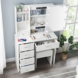white vanity set with lighted mirror and charging station, modern makeup vanity desk with lights and mirror, dressing table with cushioned stool and 5 drawers for girls bedroom