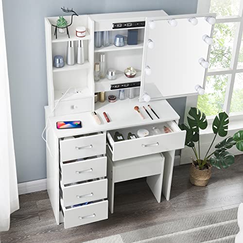 White Vanity Set with Lighted Mirror and Charging Station, Modern Makeup Vanity Desk with Lights and Mirror, Dressing Table with Cushioned Stool and 5 Drawers for Girls Bedroom