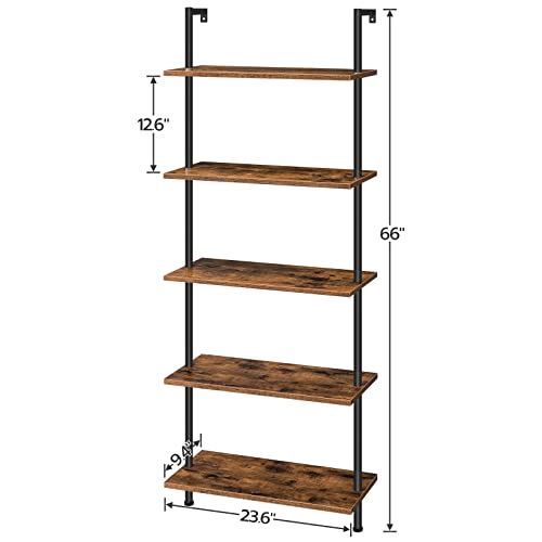 HOOBRO 5-Tier DIY Ladder Shelf and 6-Tier Wall Mounted Bookshelf, Office Vertical Bookcase, Wooden Storage Shelves for Home Office, Bedroom, Rustic Brown BF53CJ01-BF65CJ01