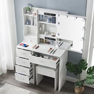 White Vanity Set with Lighted Mirror and Charging Station, Modern Makeup Vanity Desk with Lights and Mirror, Dressing Table with Cushioned Stool and 5 Drawers for Girls Bedroom