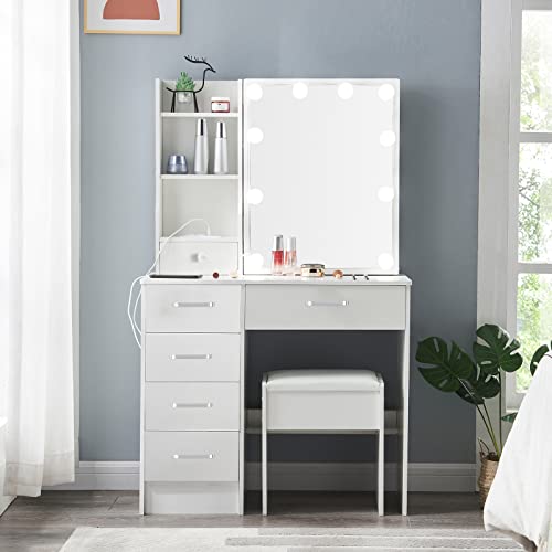 White Vanity Set with Lighted Mirror and Charging Station, Modern Makeup Vanity Desk with Lights and Mirror, Dressing Table with Cushioned Stool and 5 Drawers for Girls Bedroom