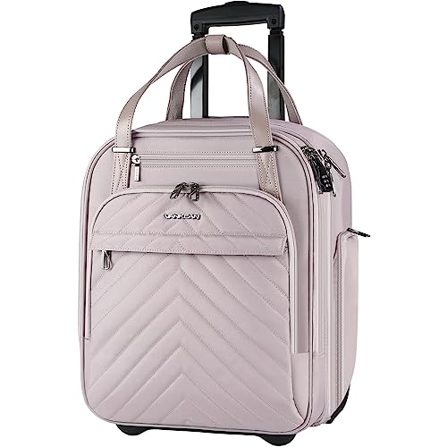 VANKEAN Carry On Underseat 16-inch Multi-functional Underseater Lightweight Overnight Suitcase with Wheels, Roller Case for Women Travel Business, Light Dusty Pink