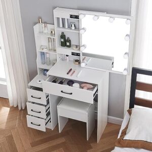 caulitar modern vanity desk with mirror and lights, white vanity desk with stool and 4 storage drawers, bedroom makeup vanity for women girls