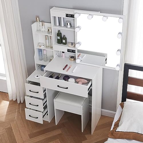 Caulitar Modern Vanity Desk with Mirror and Lights, White Vanity Desk with Stool and 4 Storage Drawers, Bedroom Makeup Vanity for Women Girls