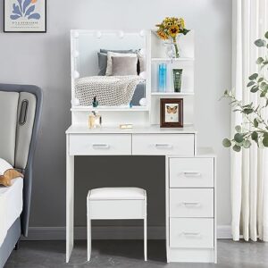 caulitar vanity desk with mirror and lights, white makeup vanity set with 5 drawers, girls vanity table for bedroom