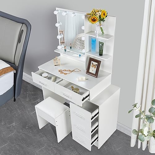 Caulitar Vanity Desk with Mirror and Lights, White Makeup Vanity Set with 5 Drawers, Girls Vanity Table for Bedroom