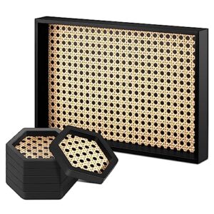 rectangle rattan hometray serving tray with 4 pcs hexagon rattan black coasters ottoman food tray rattan decorate basket tray with wooden frame for coffee breakfast drink jewelry accessory square tray