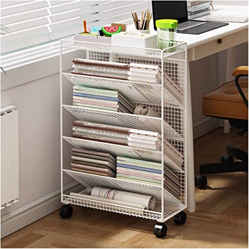 Bookshelf Book Cart, 6-Tier Metal Shelf Rolling Library Cart w/Lockable Wheels Modern Stylish Bookcase Utility Trolley Book Truck for Magazines Files Album Recipe ( Color : White , Size : 42*17*65cm )