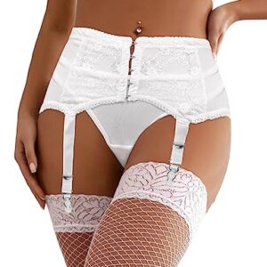 Love Salve Sexy Women Lingerie Garter Belt Set – 2 Piece Lace Stretch Adjustable Waist Suspender and Thong Underwear (White, 3X-Large-4X-Large)