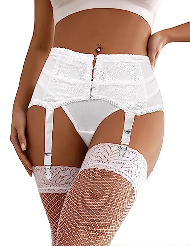 Love Salve Sexy Women Lingerie Garter Belt Set – 2 Piece Lace Stretch Adjustable Waist Suspender and Thong Underwear (White, 3X-Large-4X-Large)