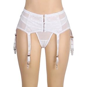 Love Salve Sexy Women Lingerie Garter Belt Set – 2 Piece Lace Stretch Adjustable Waist Suspender and Thong Underwear (White, 3X-Large-4X-Large)