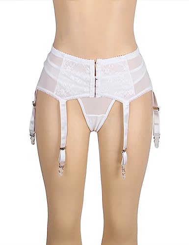 Love Salve Sexy Women Lingerie Garter Belt Set – 2 Piece Lace Stretch Adjustable Waist Suspender and Thong Underwear (White, 3X-Large-4X-Large)