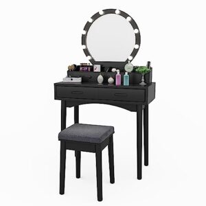 isharingtime vanity table, vanity desk with lighted mirror, 4 drawers makeup table with soft cushioned stool for bedroom studio (black) tyvt010bk