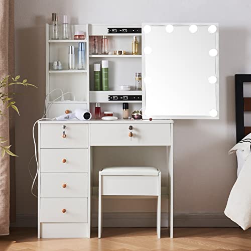 Jarbalai Vanity Desk with Mirror & Lights, Vanity Table with LED Lighted Mirror & Power Outlet, Vanity Set with Drawers and Cushioned Stool for Girls Bedroom, White