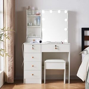 Jarbalai Vanity Desk with Mirror & Lights, Vanity Table with LED Lighted Mirror & Power Outlet, Vanity Set with Drawers and Cushioned Stool for Girls Bedroom, White