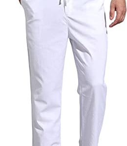 AITFINEISM Men's Casual Linen Pants Elastic Waist Summer Beach Loose Fit Trousers (32-34, A-White)