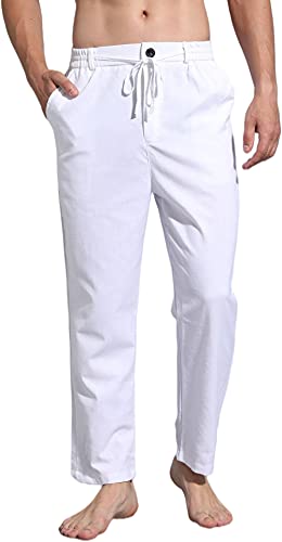 AITFINEISM Men's Casual Linen Pants Elastic Waist Summer Beach Loose Fit Trousers (32-34, A-White)