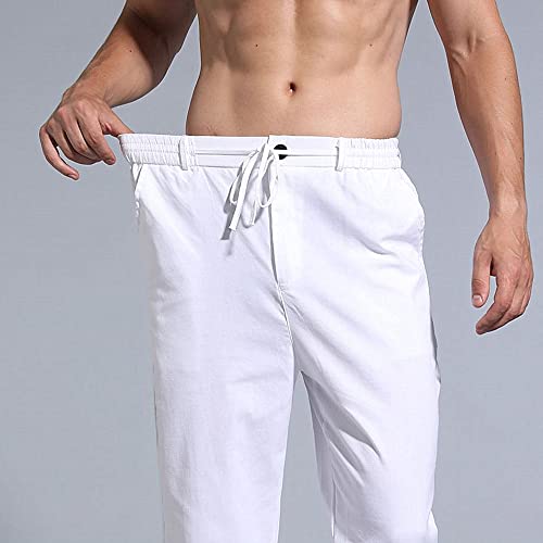 AITFINEISM Men's Casual Linen Pants Elastic Waist Summer Beach Loose Fit Trousers (32-34, A-White)