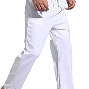 AITFINEISM Men's Casual Linen Pants Elastic Waist Summer Beach Loose Fit Trousers (32-34, A-White)