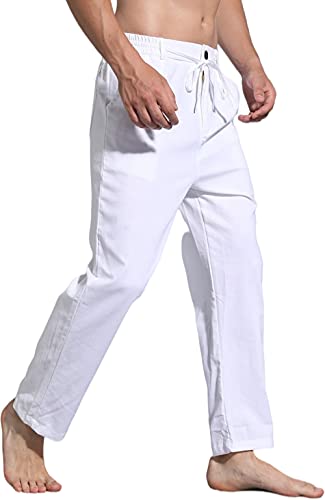 AITFINEISM Men's Casual Linen Pants Elastic Waist Summer Beach Loose Fit Trousers (32-34, A-White)