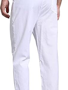 AITFINEISM Men's Casual Linen Pants Elastic Waist Summer Beach Loose Fit Trousers (32-34, A-White)