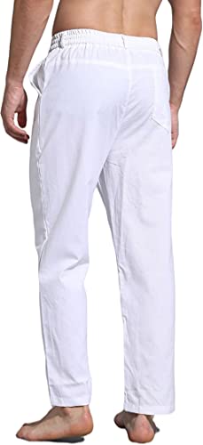 AITFINEISM Men's Casual Linen Pants Elastic Waist Summer Beach Loose Fit Trousers (32-34, A-White)