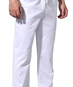 AITFINEISM Men's Casual Linen Pants Elastic Waist Summer Beach Loose Fit Trousers (32-34, A-White)