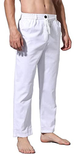 AITFINEISM Men's Casual Linen Pants Elastic Waist Summer Beach Loose Fit Trousers (32-34, A-White)