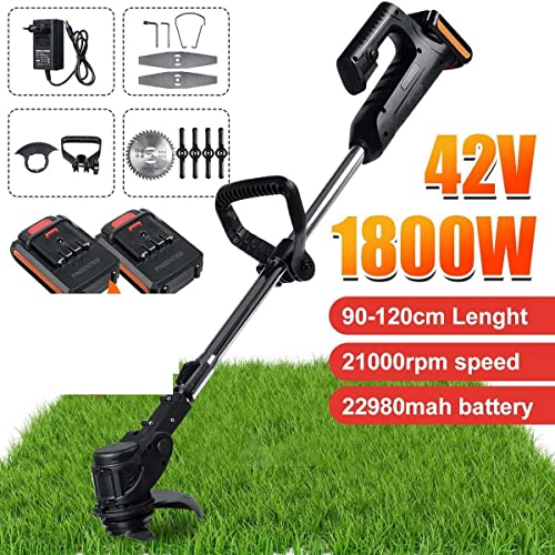 Cordless Lawn Mower 1800W Electric Lawn Mower 42V Cordless Grass Hedge Trimmer Adjustable Handheld Mowing Machine Garden Power Tool with Battery (Color : 1 Battery, Size : Small)