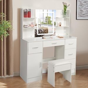 buildonely large vanity set with 6 display cabinets and 6 storage drawers, dressing table set with lighted mirror for makeup, vanity desk set with soft cushioned stool for girls and teens