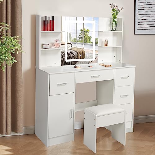 Buildonely Large Vanity Set with 6 Display Cabinets and 6 Storage Drawers, Dressing Table Set with Lighted Mirror for Makeup, Vanity Desk Set with Soft Cushioned Stool for Girls and Teens