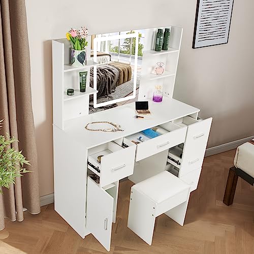 Buildonely Large Vanity Set with 6 Display Cabinets and 6 Storage Drawers, Dressing Table Set with Lighted Mirror for Makeup, Vanity Desk Set with Soft Cushioned Stool for Girls and Teens