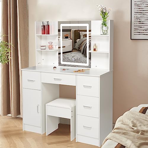 Buildonely Large Vanity Set with 6 Display Cabinets and 6 Storage Drawers, Dressing Table Set with Lighted Mirror for Makeup, Vanity Desk Set with Soft Cushioned Stool for Girls and Teens