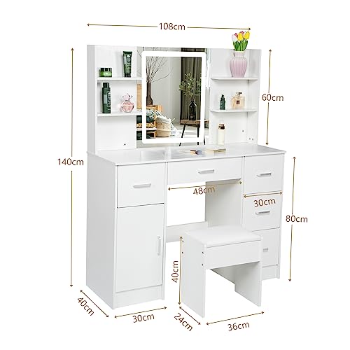 Buildonely Large Vanity Set with 6 Display Cabinets and 6 Storage Drawers, Dressing Table Set with Lighted Mirror for Makeup, Vanity Desk Set with Soft Cushioned Stool for Girls and Teens