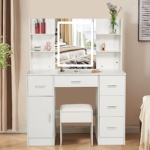 Buildonely Large Vanity Set with 6 Display Cabinets and 6 Storage Drawers, Dressing Table Set with Lighted Mirror for Makeup, Vanity Desk Set with Soft Cushioned Stool for Girls and Teens