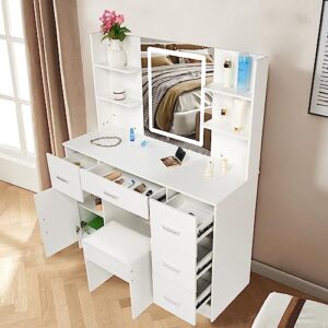 Buildonely Large Vanity Set with 6 Display Cabinets and 6 Storage Drawers, Dressing Table Set with Lighted Mirror for Makeup, Vanity Desk Set with Soft Cushioned Stool for Girls and Teens