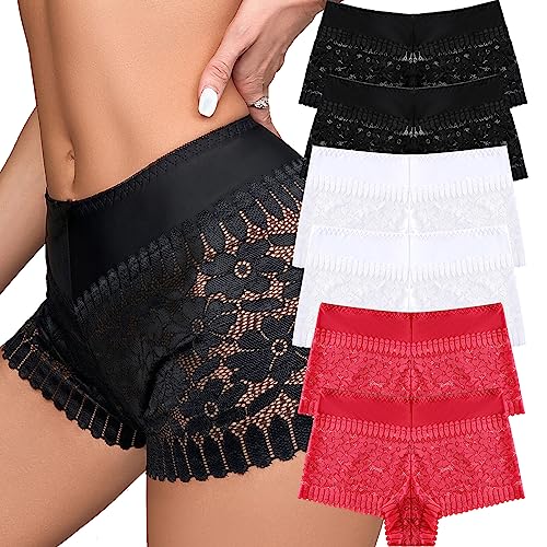 Cinvik Big Womens High Waist Underwear Foral Lace No Trace Mid-high Waisted Mesh Sexy Plus Size with Lacy Trim Panties Satin Control Top 1XL