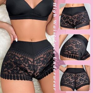 Cinvik Big Womens High Waist Underwear Foral Lace No Trace Mid-high Waisted Mesh Sexy Plus Size with Lacy Trim Panties Satin Control Top 1XL